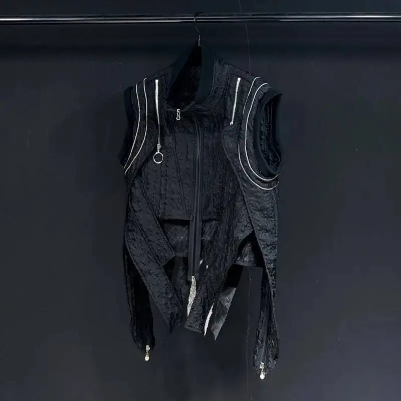 HKSH Spring Summer New Men Fashion Irregular Zippers Dark Pleated Texture Waistcoat Trendy Stand Collar Punk Ribbon Vest HK16693