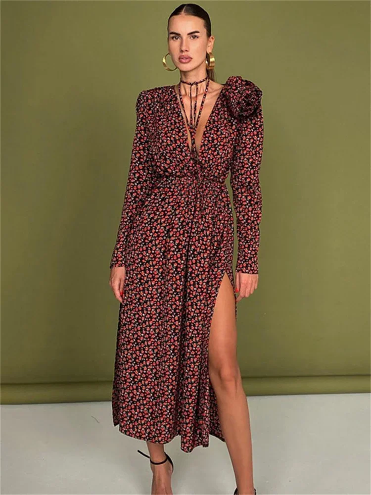 

Fashion V-Neck Floral Maxi Dress Women High Waist Printed Side Split Elegant Long Sleeve Dress Lace-Up Female Long Dress