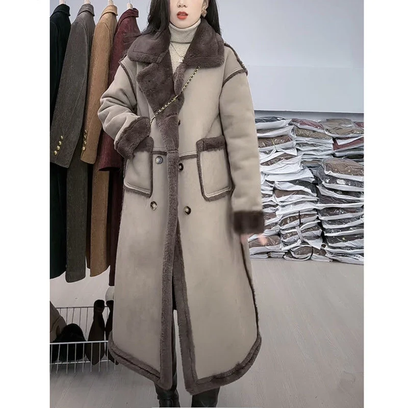 Faux Fur Coat For Women\'s Winter 2024 New Suede Lamb Fur Loose And Slimming Thicken Long fur Jacket wool Suede Velvet Coat Gray