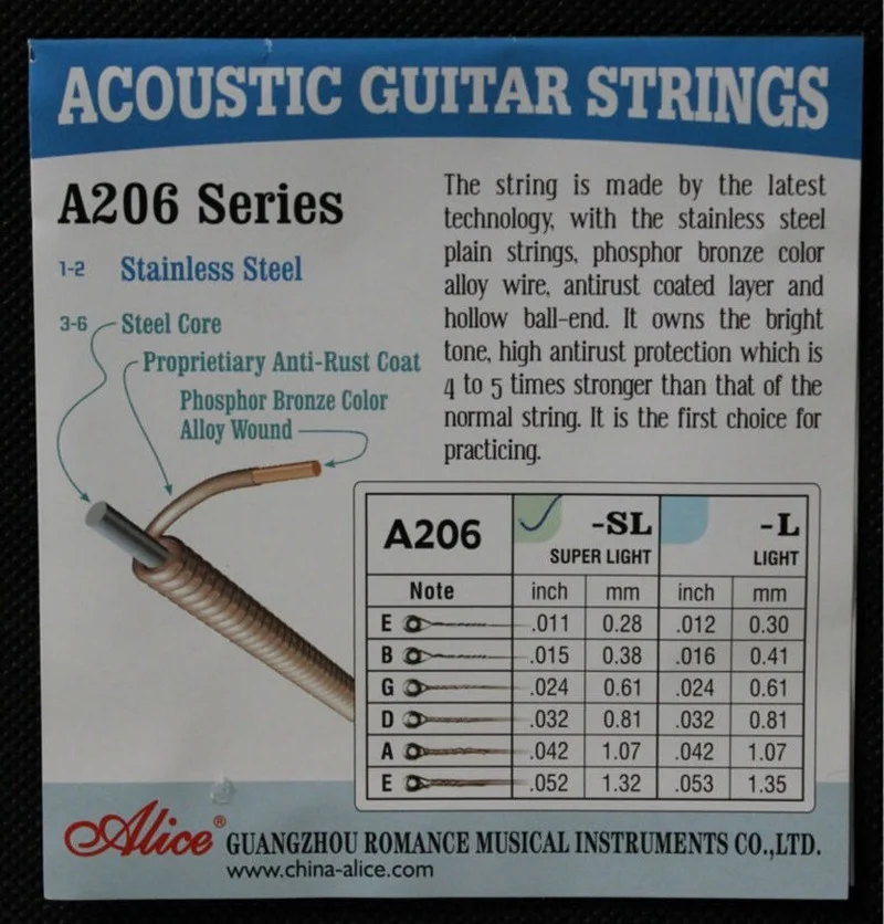 1 Sets Alice A206 Stainless Steel Coated Phosphor Bronze Anti-Rust 1st-6th Acoustic Guitar Strings 011-052