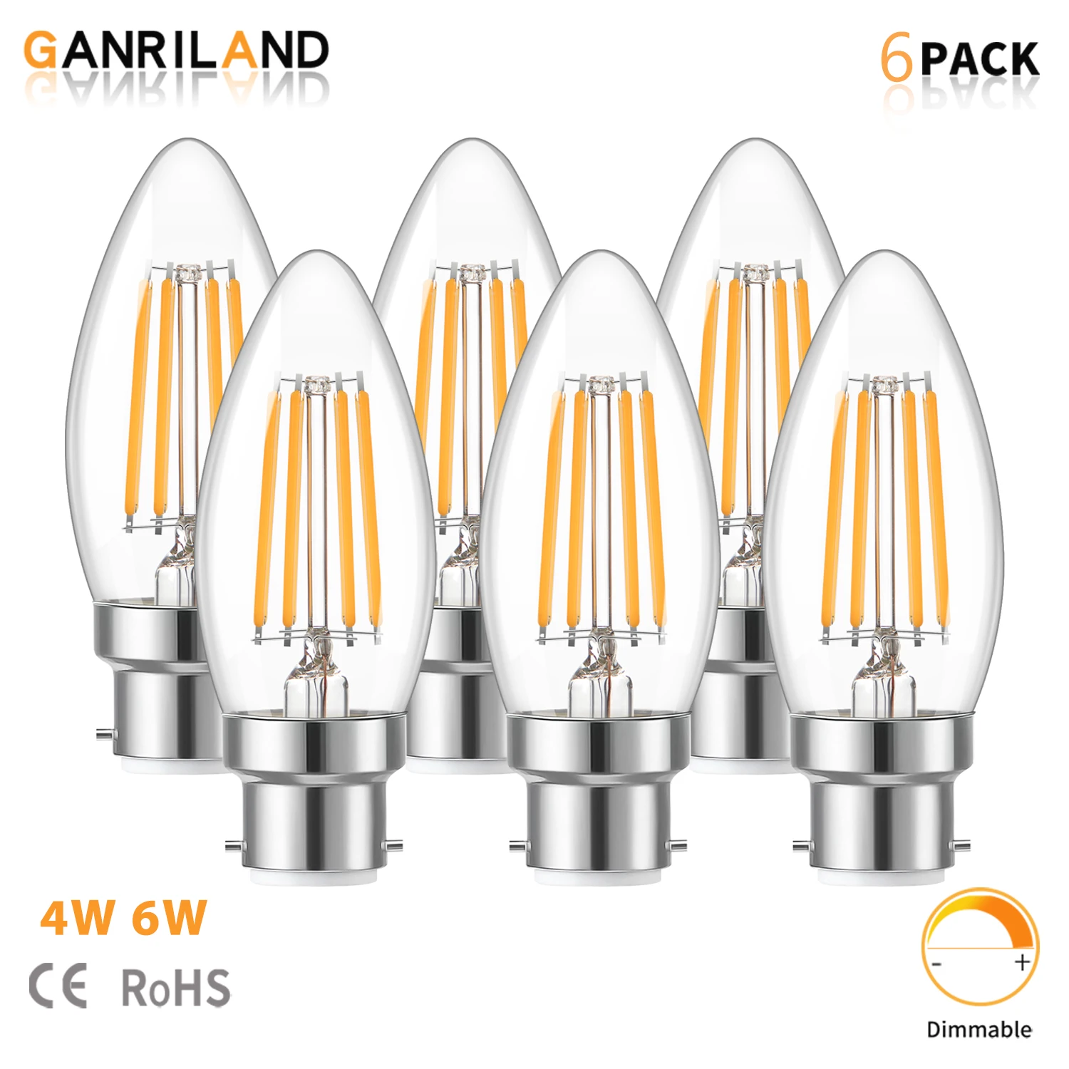 6Pack 4W 6W B22 Bayonet Cap LED Bulbs C35 Candle Filament Chandelier Warm White 2700K 60W Equivalent Dimmable Indoor Light Bulb