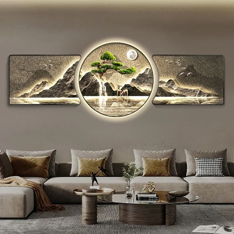 

Текущая вода покоет богатство, украшение для гостиной, картина с часами, светодиодный настенный светильник, фон для дивана, тройная фреска для спальни