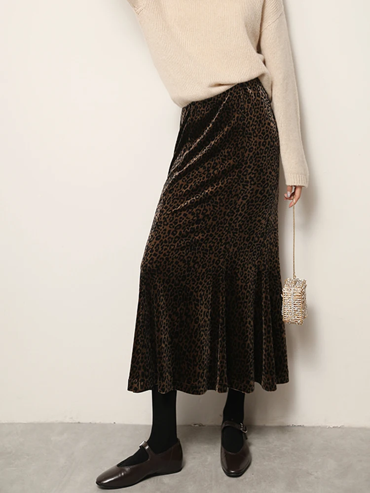 

XUS Prune бархатная юбка с леопардовым принтом Fi Tail, женская зимняя винтажная элитная юбка f, элегантная длинная юбка, простая ...