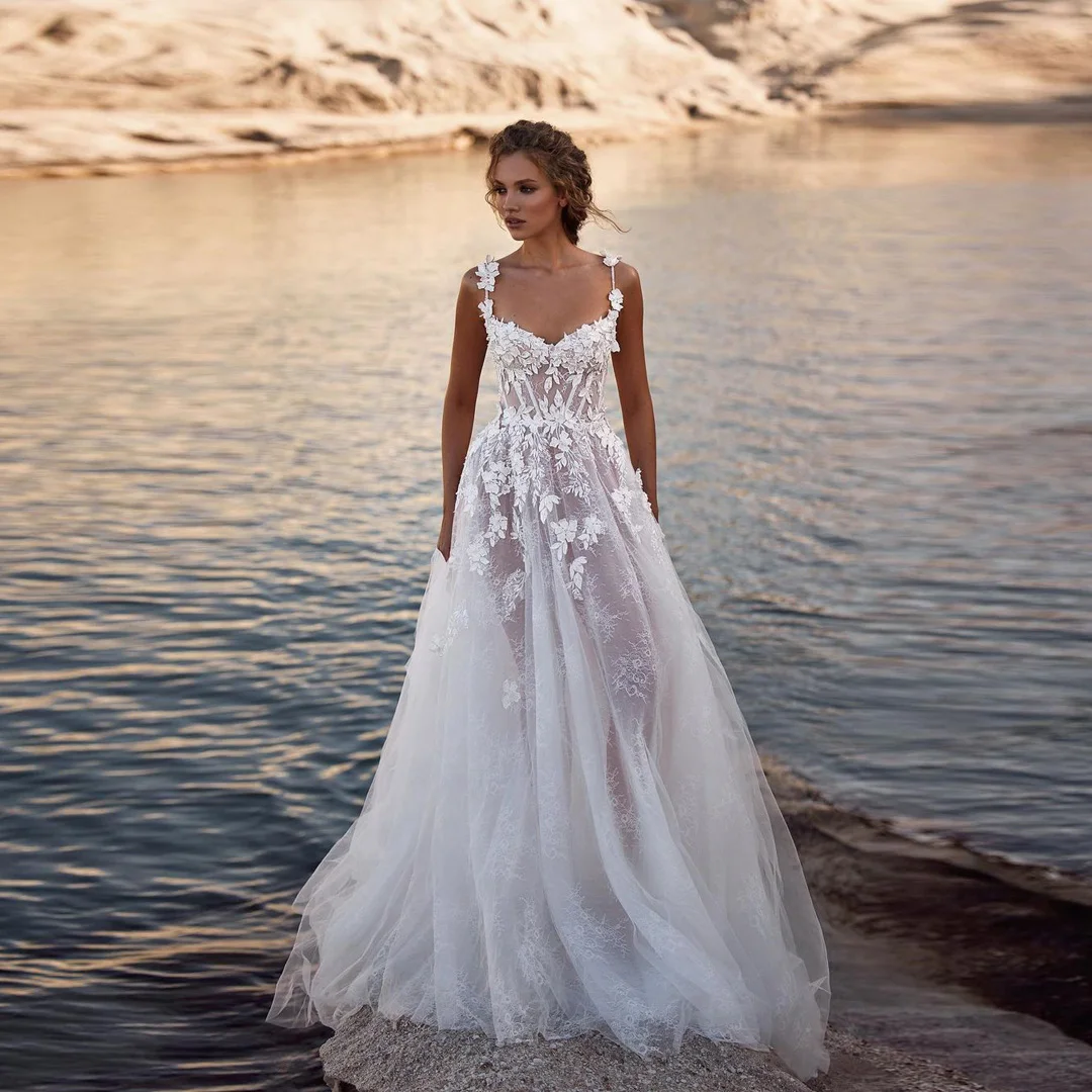 Dreamlike 3D Lace Applique abiti da sposa Boho A Line Sexy scollo A V Side Split abiti da sposa per feste formali Bohemia Vestido