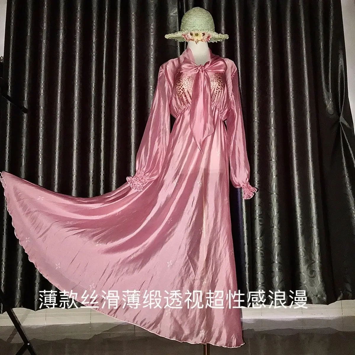 

Glossy Floral Print Women Satin Long Dress Loose Maxi Dress Pullover Elegant Dresses Sleeping Wear