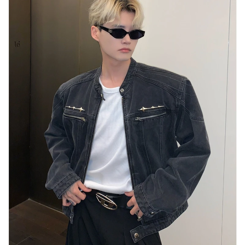 Y2K Denim Jacket Men Retro Padded Shoulder Streetwear High Street Punk Casual Short Jean Coat Fashion Student Clothing
