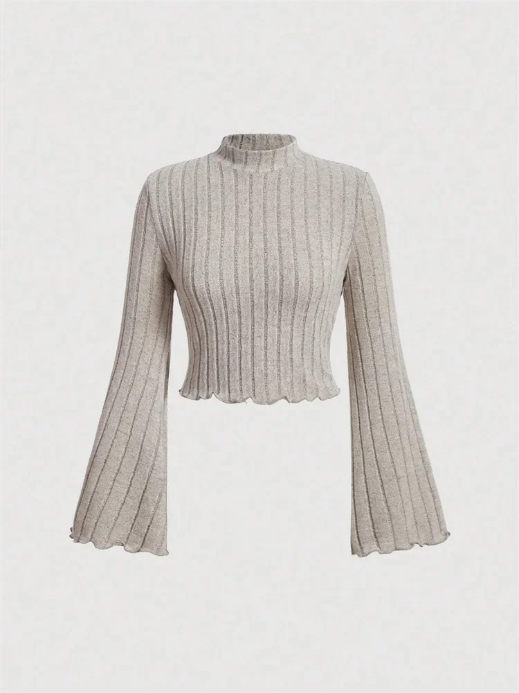 Women Flare Long Sleeve Mock Neck Rib-knit Crop Top Cropped Blouse Spring Fall 2025 Casual Slim Fit T-shirt Tees Y2K Clothes