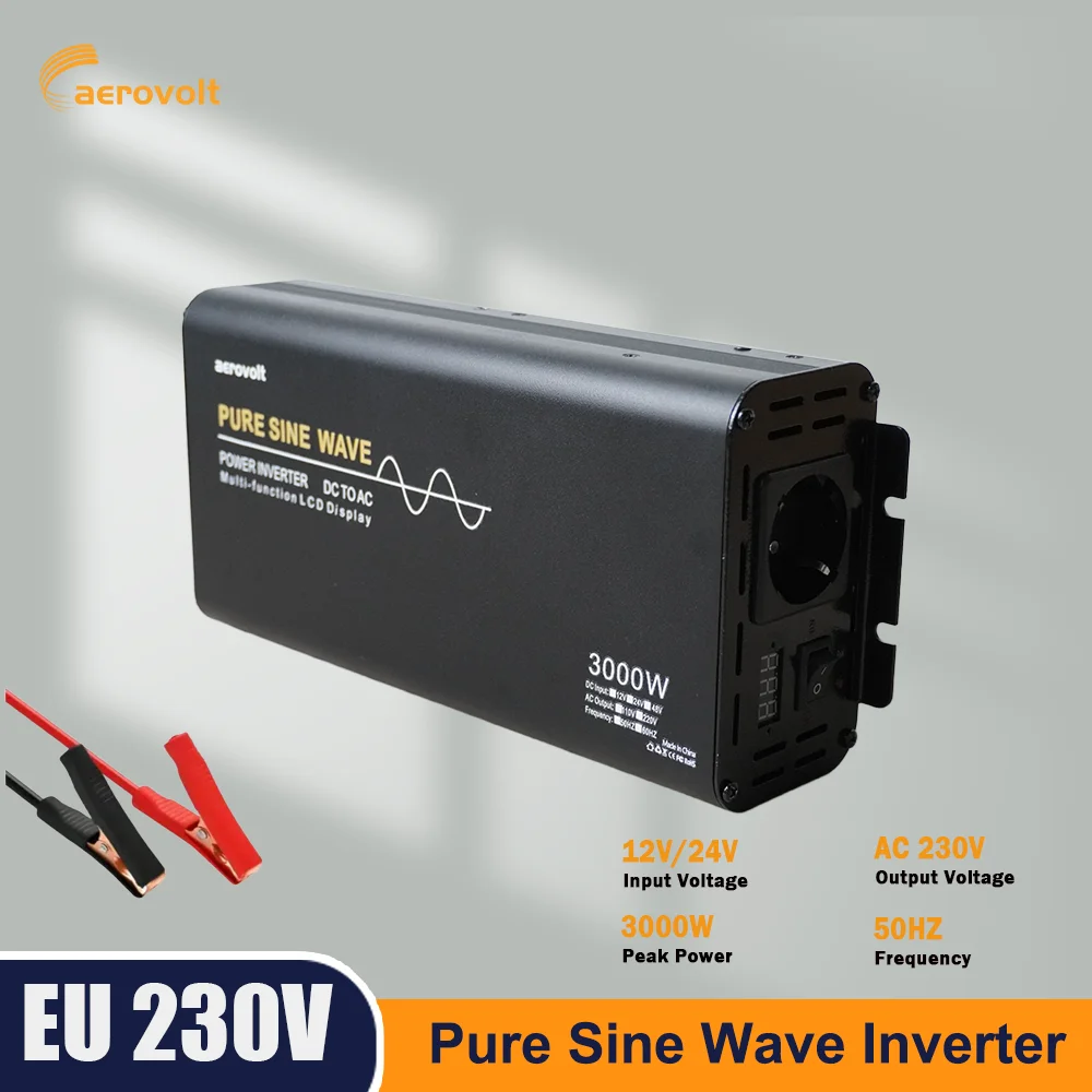 

3000W Peak Pure Sine Wave Power Inverter DC 12V 24V to AC 220V 230V AC 50hz Power Inverter Charger Adapter EU Socket