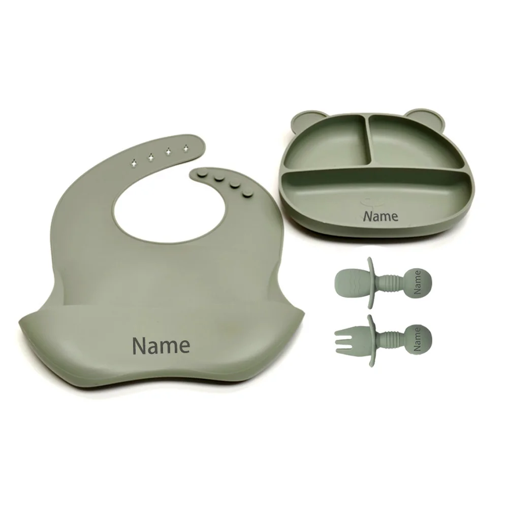 4PCS Children's Silicone Tableware Set with Free Name Printing Unique Gift for Boys And Girls Personalized Dinnerware Set