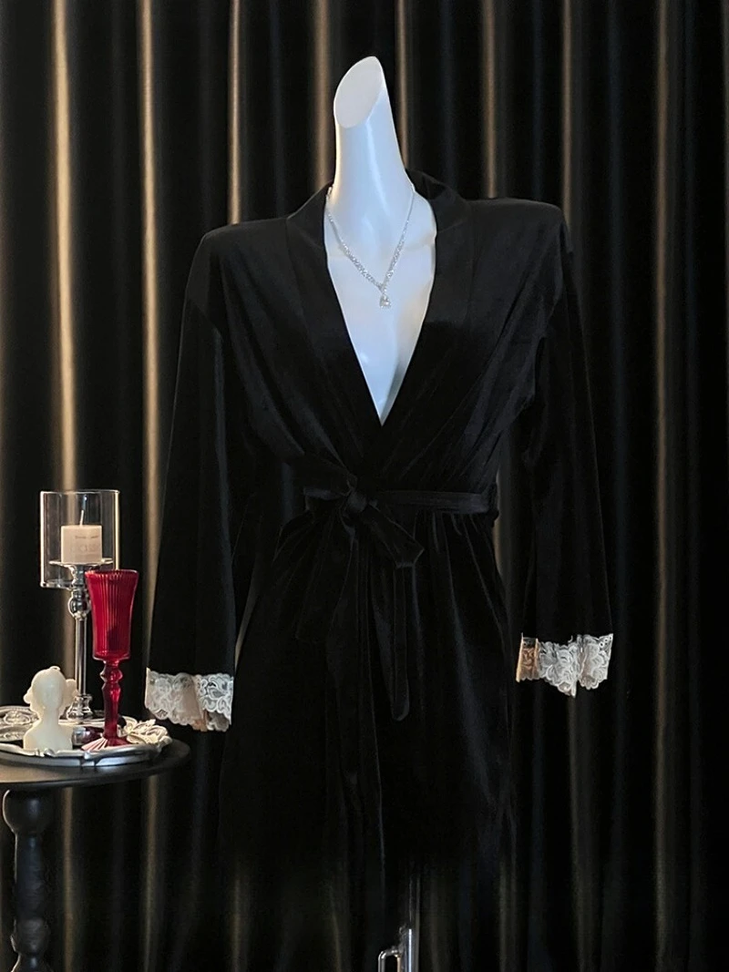 

Velvet Lace-Up Waist Pajama Robe for Women,Sexy Pure Desire Long Sleeve Sleepwear,Lace Morning Gown Outerwear