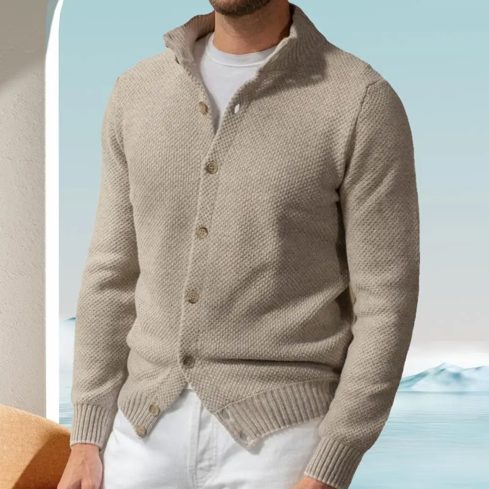 Cardigan de malha masculino com gola alta, botões de peito único, casaco monocromático, outono, inverno