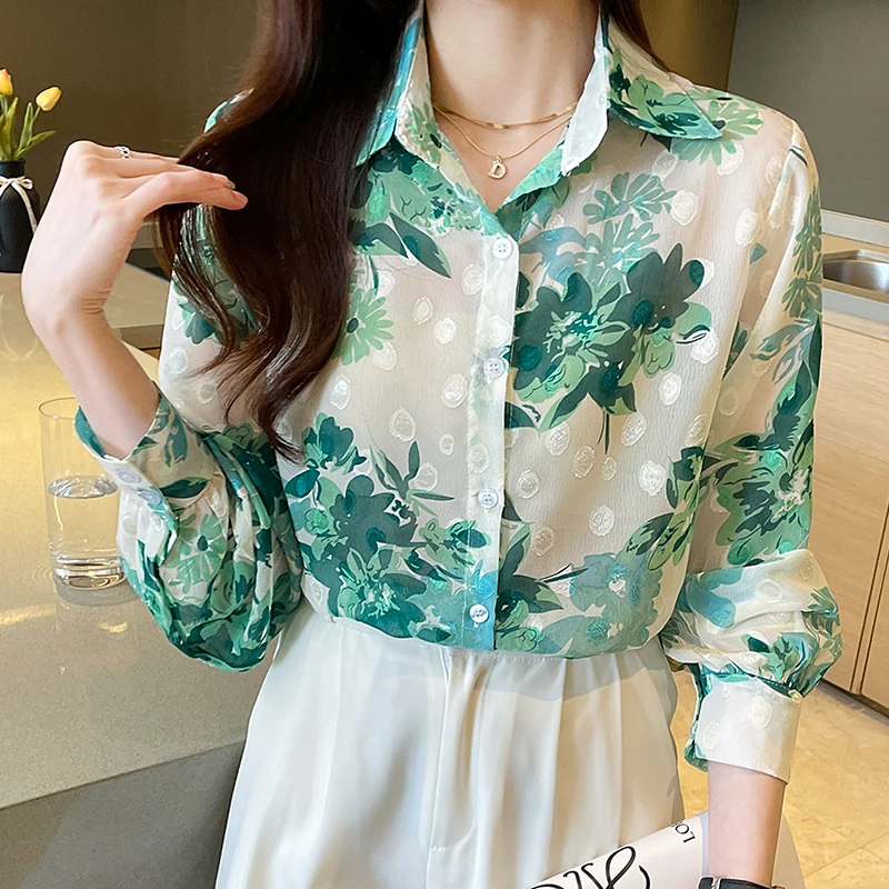 Women Spring Korean Loose Fashion Printing Appear Thin Polo-Neck Long Sleeve Shirts Women Clothes Casual All-match Elegant Tops