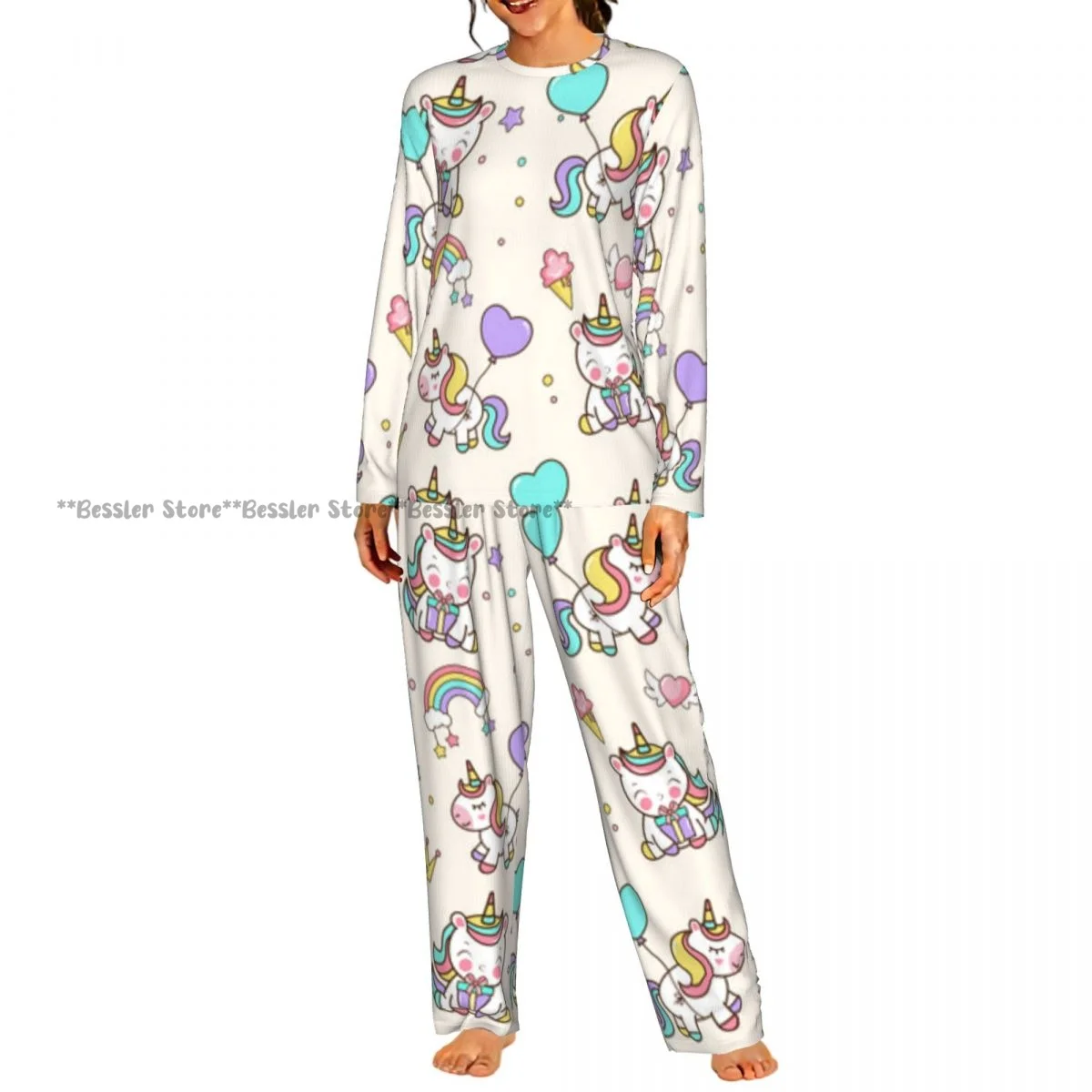 Women Round Neck Pajama Suit Long Sleeve Tops Long Pants Unicorns Stars Rainbow Cartoon Style Ladies Nightwear Home Outfit
