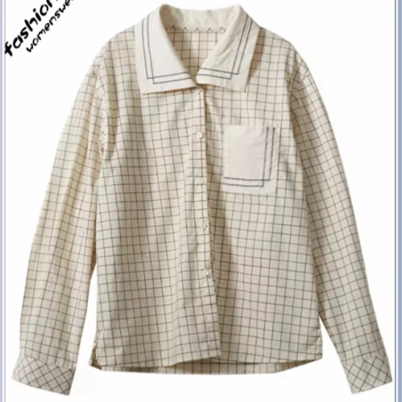

Французская элегантная рубашка в клетку для молодых женщин и девочек с длинными рукавами и контрастным воротником на пуговицах, повседневная блузка, милые весенние корейские топы