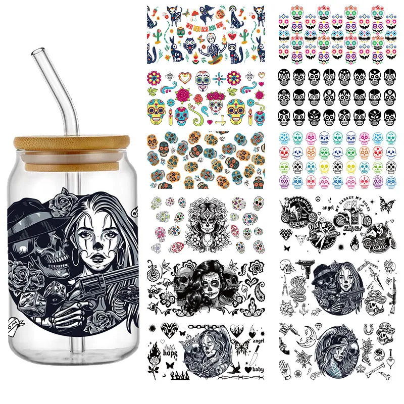 

Mexican Sugar Skull And Rose Woman 16OZ UV DTF Cup Wrap Transfer Stickers Custom Labels DIY Waterproof Logo For Libbey Glass Can