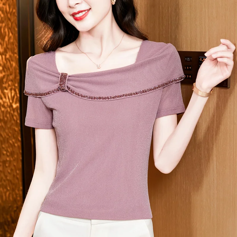 Women's Summer Square Neck Bead Mesh T-Shirt Solid Color Short Sleeve High Stretch Ruffle Detail Casual Top