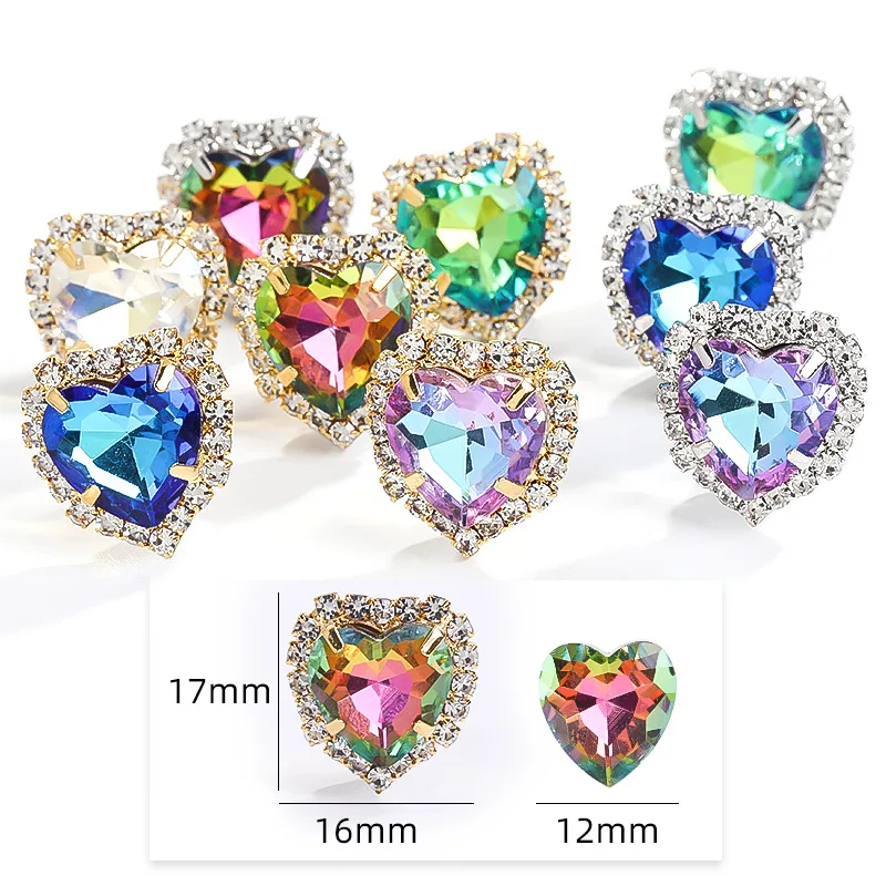 10Pcs Heart Shape Glass Rhinestones 12mm With Claw Sew On Crystal Stone Metal Base Buckle DIY Clothes Accessories For Sewing