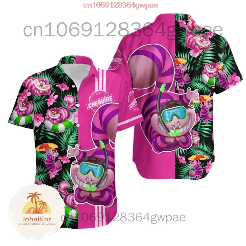 Disney Cheshire Cat Hawaiian Shirt Men\'s Women\'s Summer Casual Short Sleeve Button Down Shirt Beach Vacation Shirt Tees