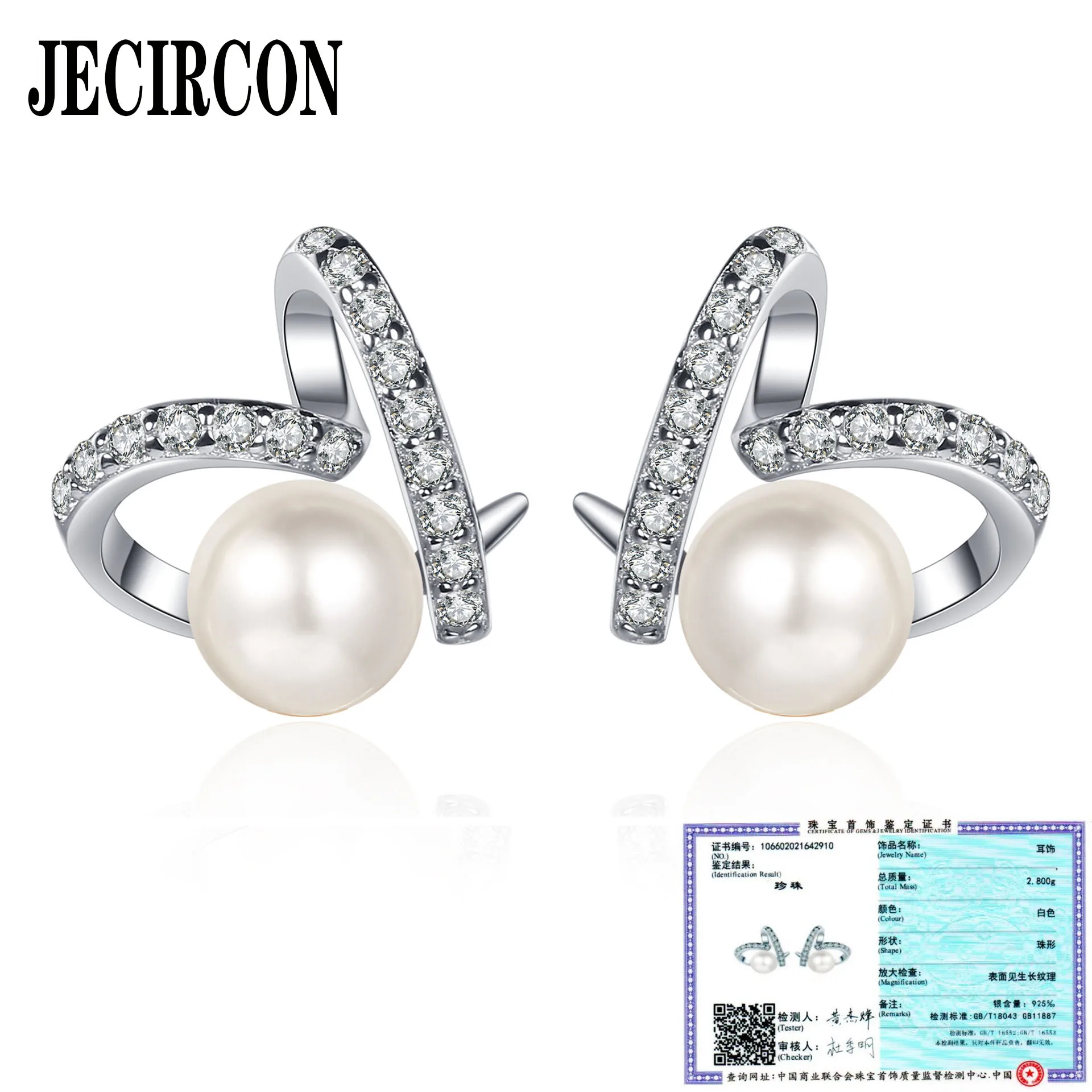 

JECIRCON S925 Sterling Silver Earrings for Women Geometric 6-7MM Flawless Freshwater Pearl Shiny Mini Moissanite Studs Jewelry