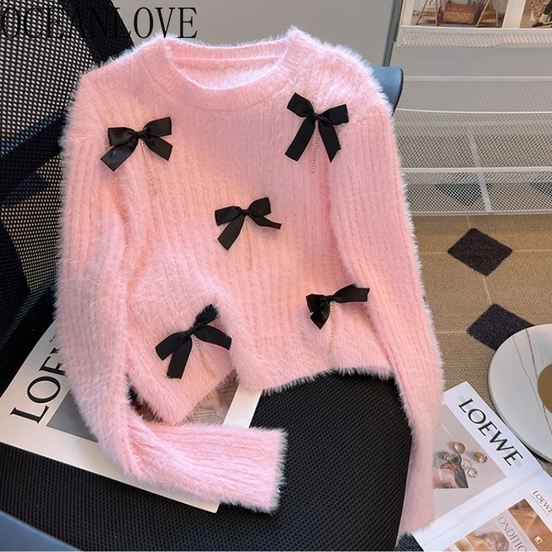 OCEANLOVE Y2k Bows Sweet Women Sweaters Autumn Winter Soft Elegant Short Pullovers Korean Fashion Solid Pull Femme Tops