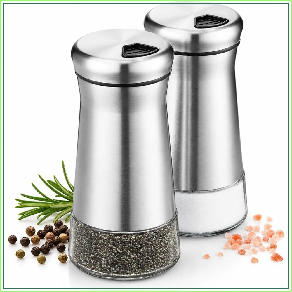 Salt and Pepper Shaker Set, Stainless Steel & Glass Spice Shakers with Adjustable Pour Holes for Kitchen and Dining Table