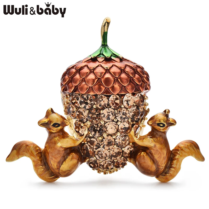 Wuli&baby Cute Squirrel And Pinecone Brooches For Women Unisex Enamel Animal Rhinestone Pine Cone Brooch Pins Gifts