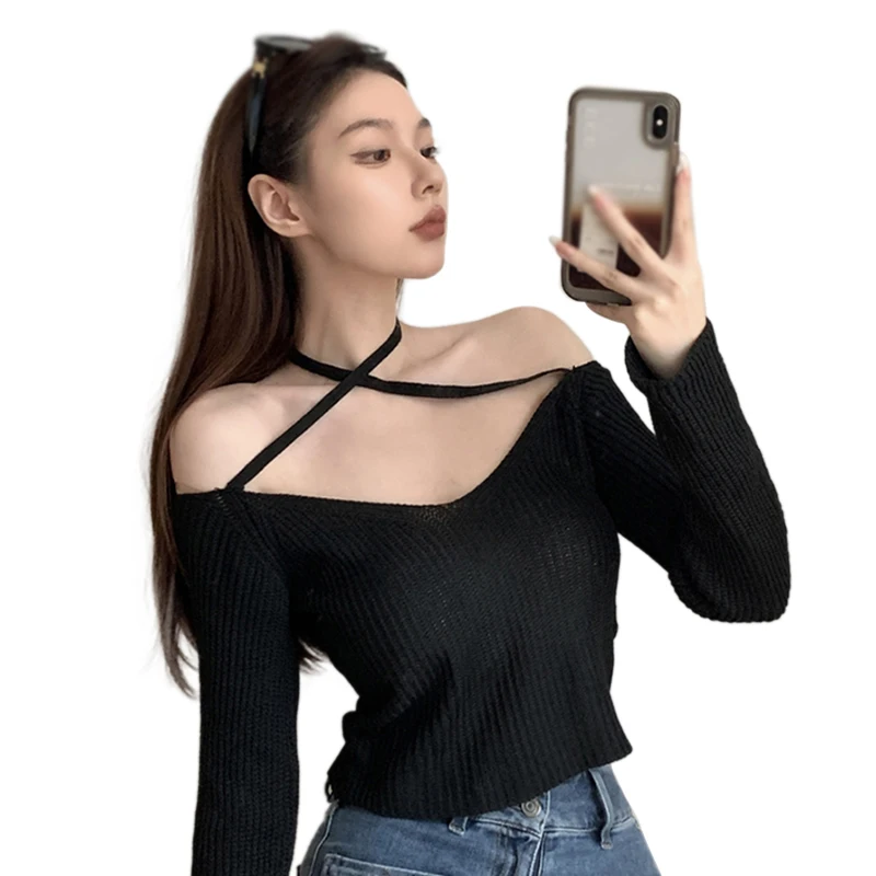 Women's U Neck One Shoulder Hanging Neck Long Sleeve Knit Top Solid Color Strapless Slim Short T-Shirt Top