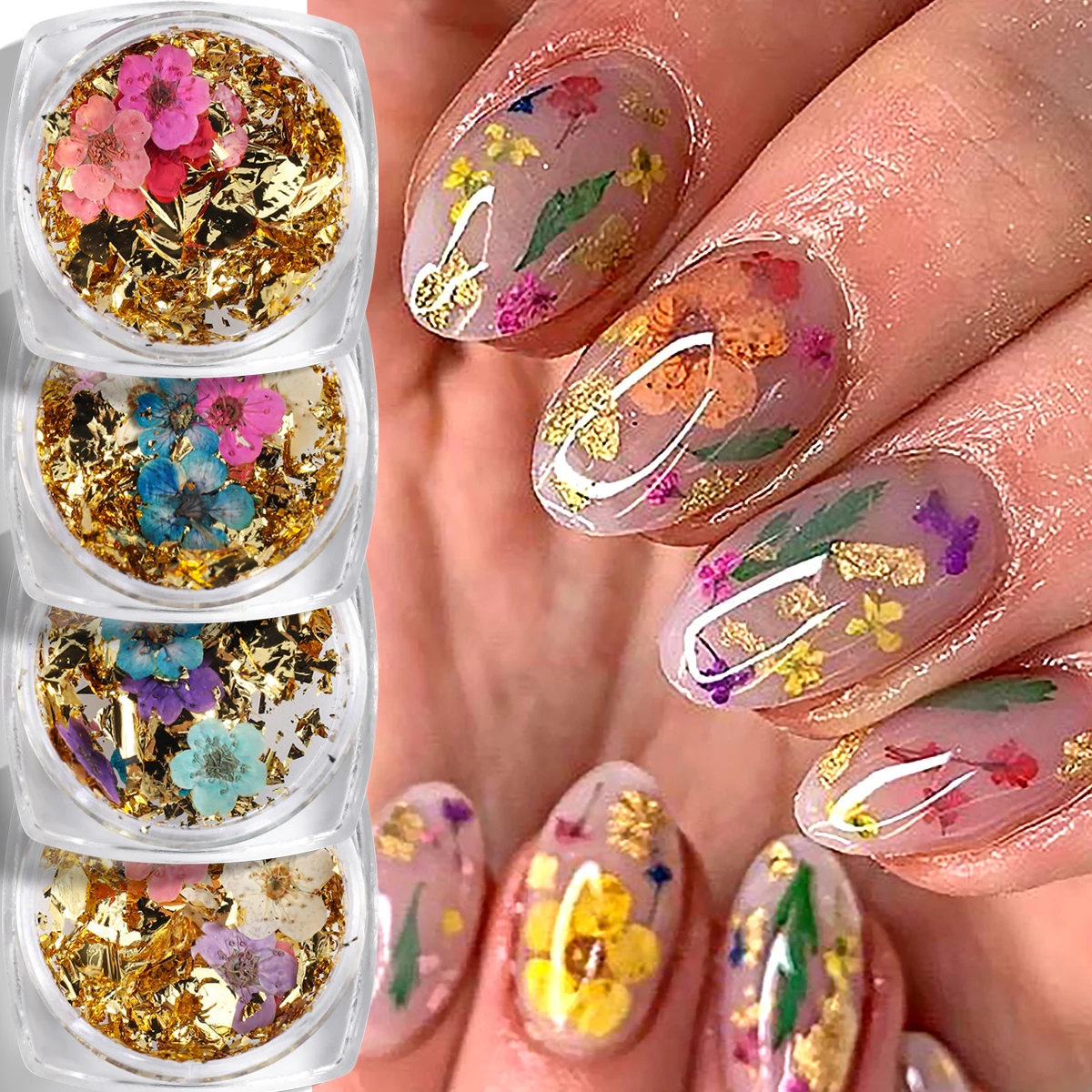 Spring Summer 3D Jasmine-Inspired Artificial Colorful Flower with Golden Foil Nail Art Decorations, Nail Art Supplies for Women