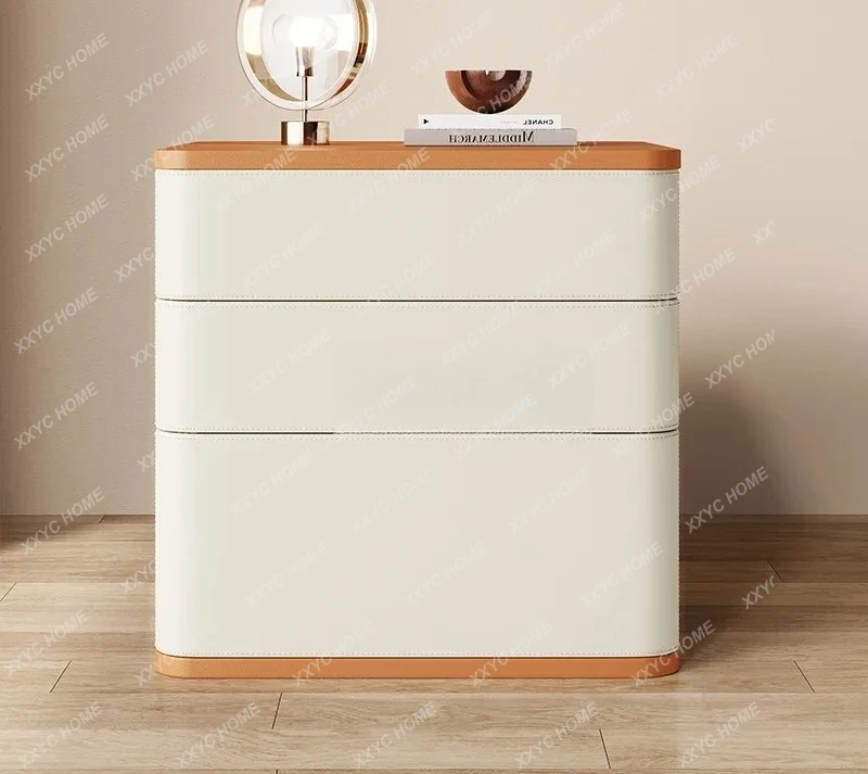 Creative and simple modern three-layer all-solid wood bedside table saddle leather
