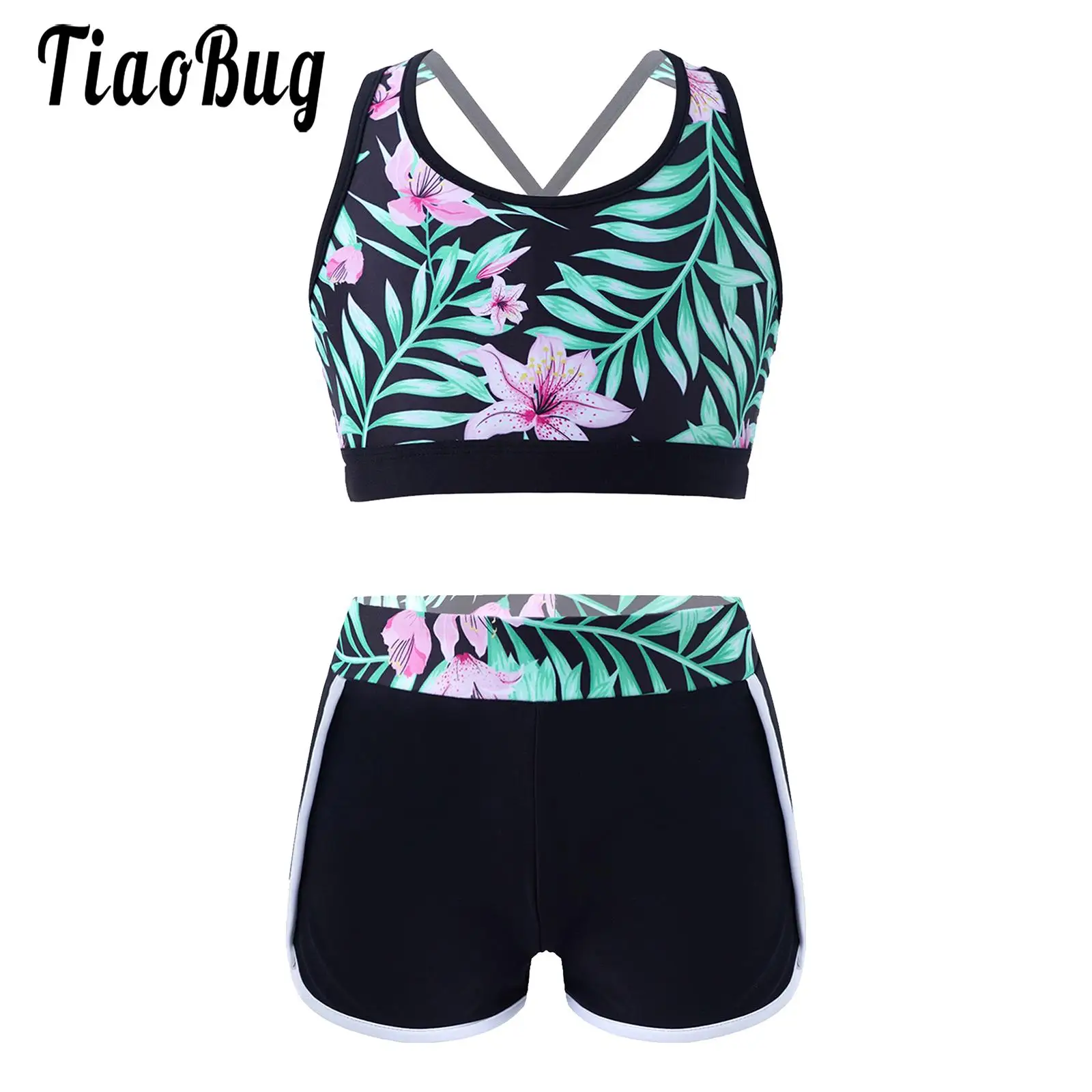 

Kids Girls Bikini Tankini Set 2Pcs Sporty Swimsuit Spaghetti Straps Tank Top Swim Shorts Bathing Suit Beachwear Sport Dance Set