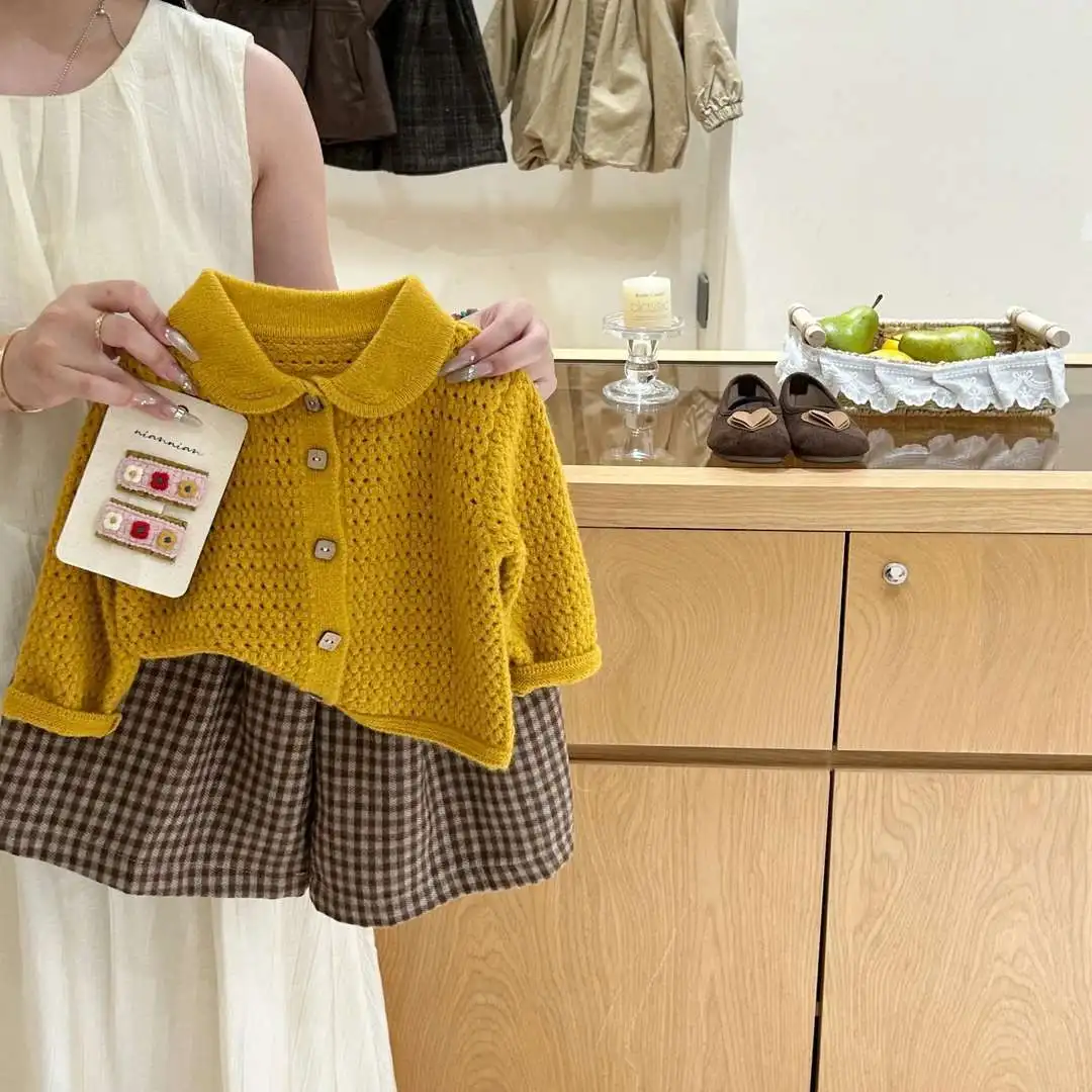 Baby Girl Fall Outfit Set New Fashion Children Hollow Out Collar Knitted Cardigan Sweater Wide Leg Pants 2 Piece Set