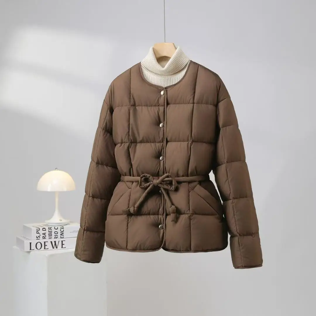 Women Round Neck Button Quilted Lightweight White Duck Down Jacket 2026 New Autumn Winter Belted Short Puffer Down Coat