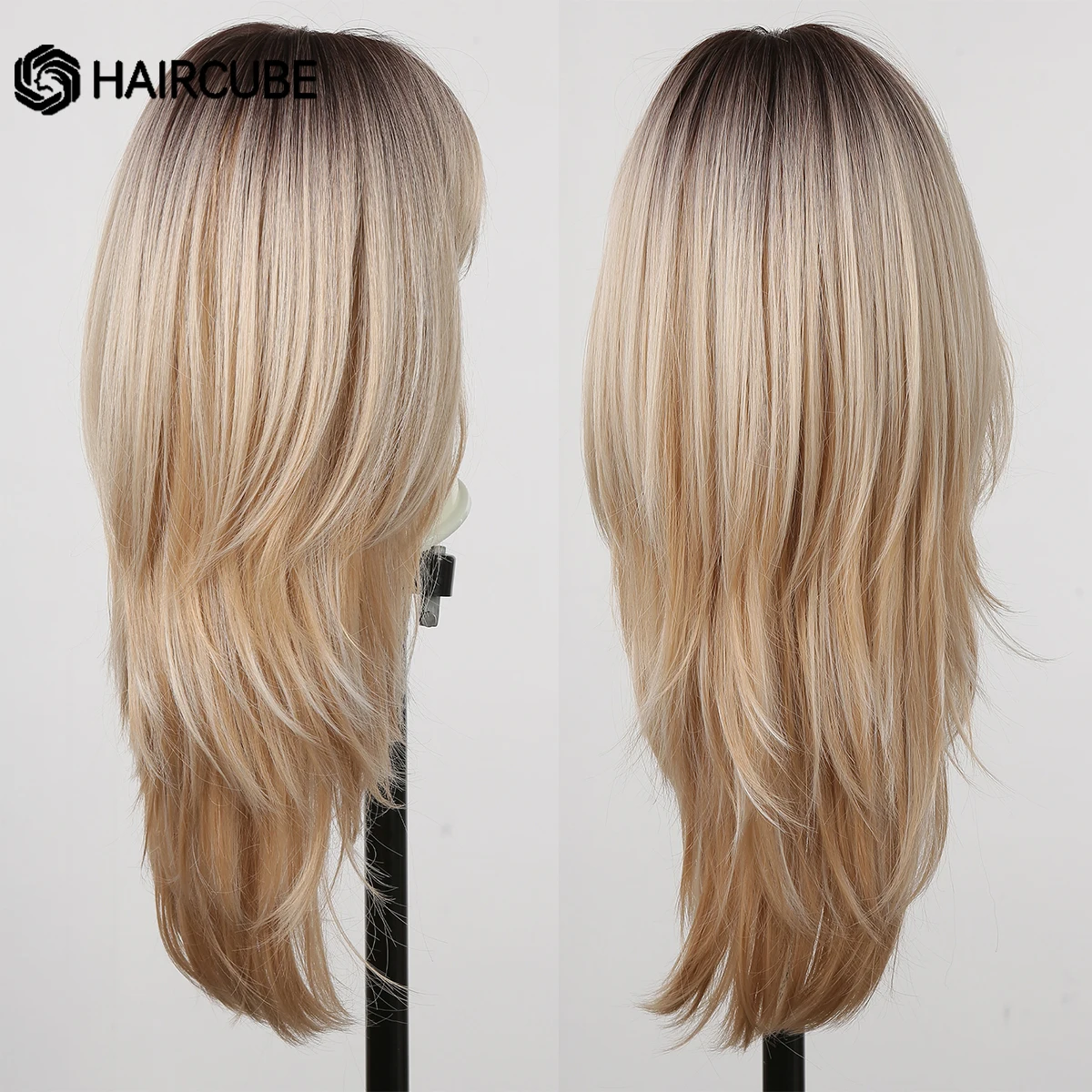 HAIRCUBE Long Straight Blonde Synthetic Wigs Brown Light Golden Ombre Hairline Lace Wigs for Women Daily Natural Layered Hair