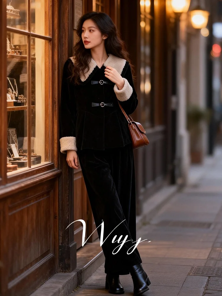 

Winter Fashion Women's Outfit Large Size down Jacket with Fur Collar Wide Leg Pants Two Piece Set Casual Style Polyester Fiber