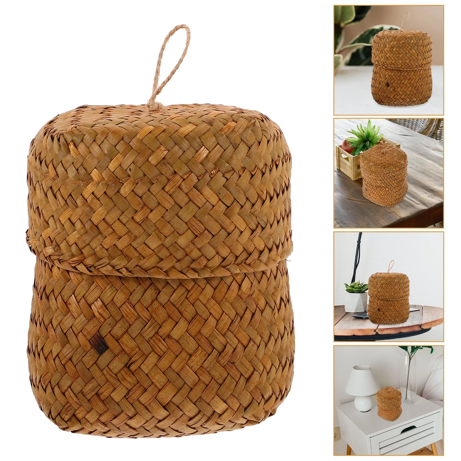 

Handwoven Seagrass Small Round Basket with Lid Mini Flower Storage Box Decorative Organizer for Living Room Garden