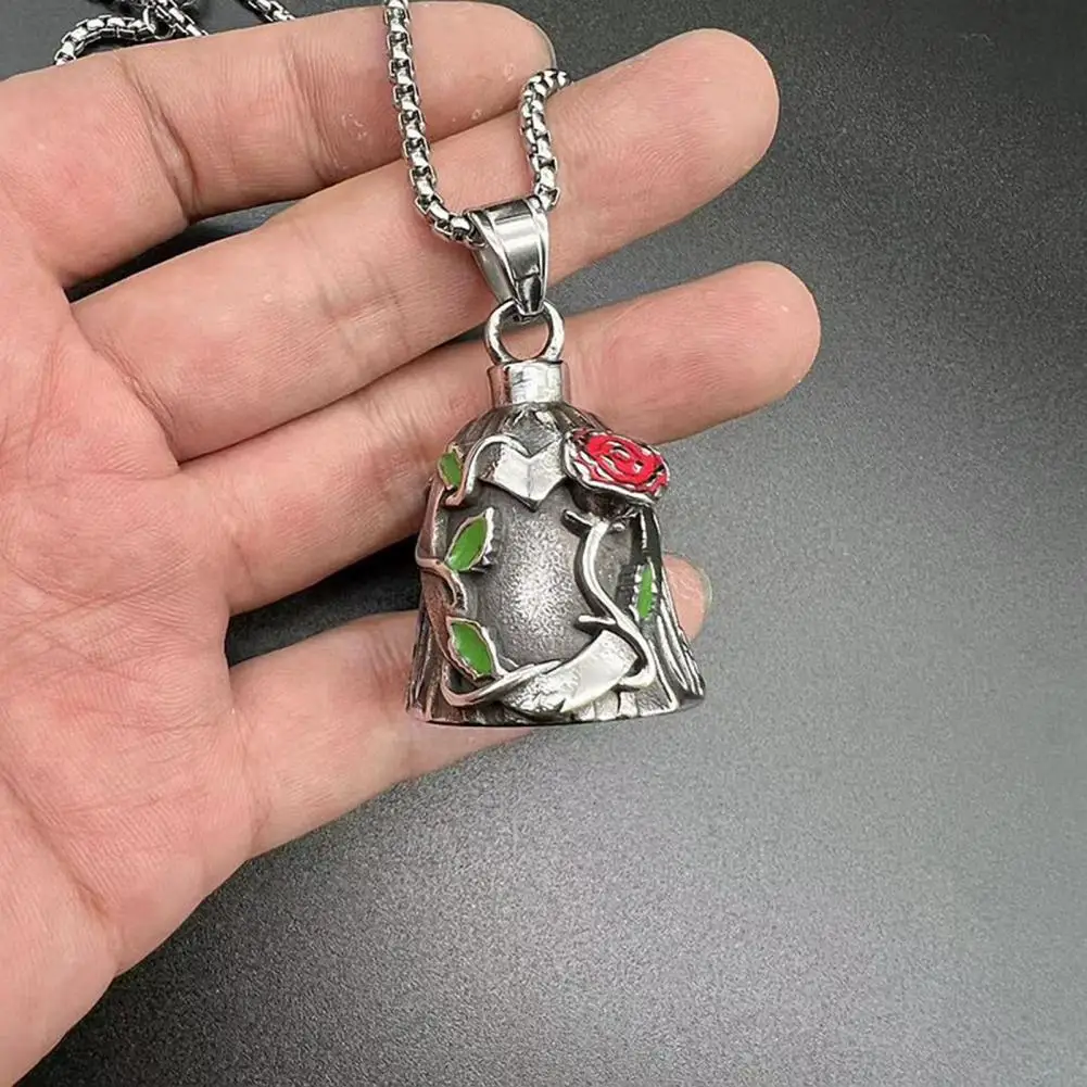 Luck Riding Bell Titanium Steel Motorcycle Guardian Lucky Bell with Engraved Rose Vines Hanging Bell for Key Ring Backpack