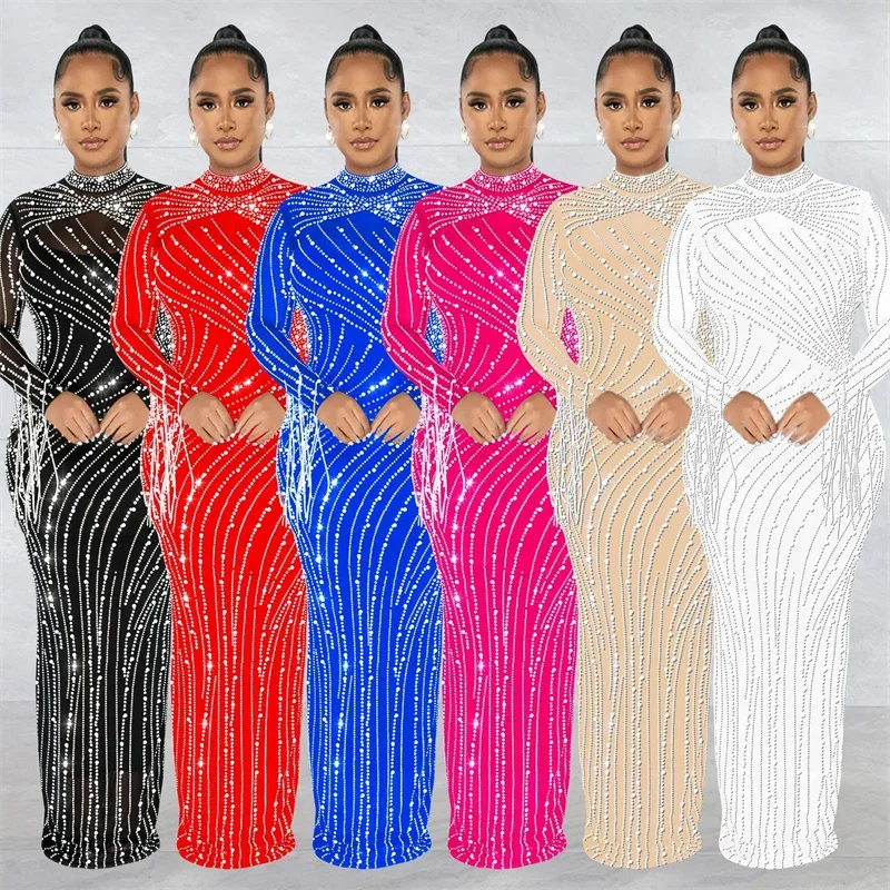 Vestidos de Noche de celebridades con diamantes de imitación brillantes para mujer, vestido Maxi ajustado transparente de malla de manga larga con borlas de diamantes para club nocturno de lujo