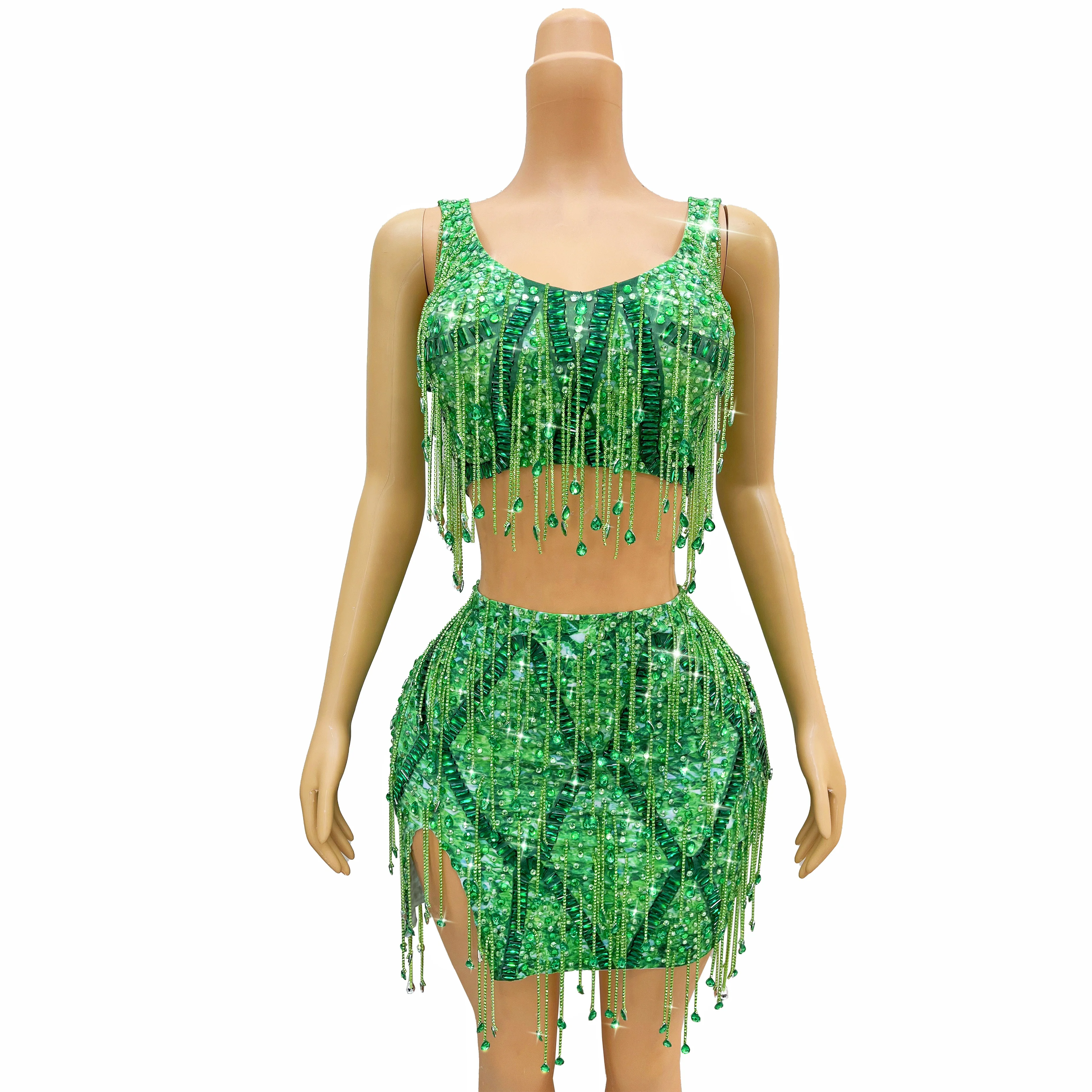 Lampeggiante verde strass cristalli catene Outfit Top gonna Set donna cantante compleanno festeggia Costume Performance caodi