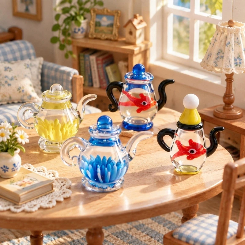 Miniature Glass Teapot Display Accent with Handle, Projecting Neck, Lid-Like Top, and a Single-Piece Package 87HA