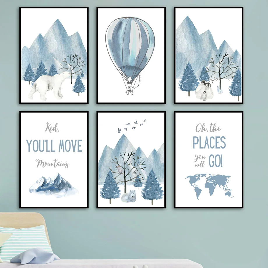 Polar Bear Penguin Snow Rabbit Wolf Iceberg Move Mountains Balloon World Map Art Canvas Wall Pictures Kids Posters Room Decor