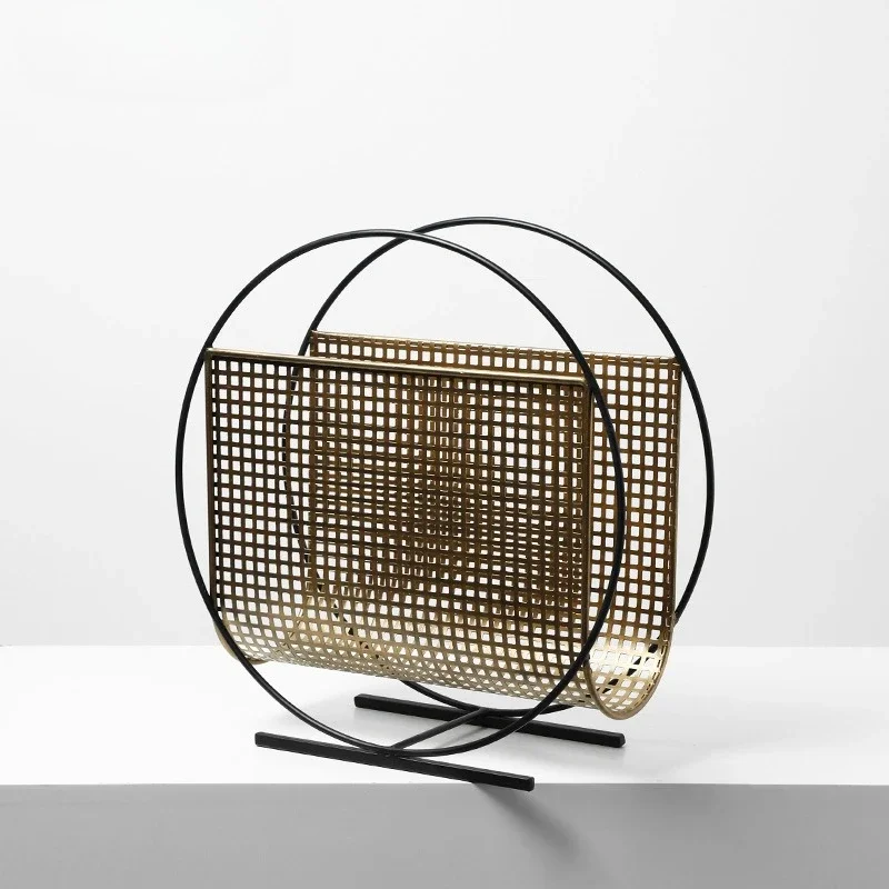 Creative Grid Round Metal Magazine Rack Shelf Desktop Storage Container Geometric Perforated Frame Home Decorative Item