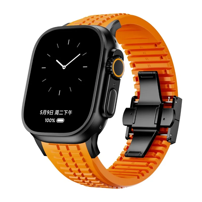 Texture Stainless Steel Folding Buckle Silicone Strap Compatible for Apple Watch Ultra 10th Generation Smart Watch