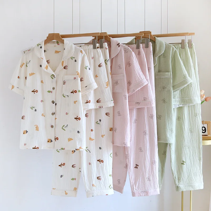 

Цельная пижама из чистого хлопка, одежда для сна с короткими рукавами, женские пижамы, летний кардиган на пуговицах с лацканами, ночная одежда, женская пижама