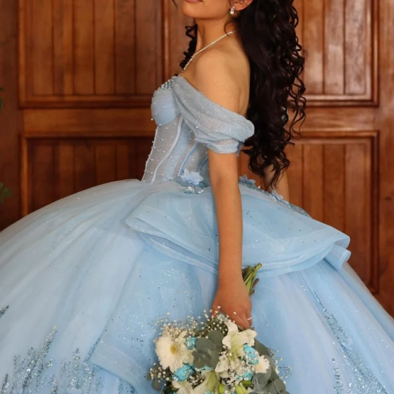 

Shiny sky blue Off Shoulder Quinceanera Dress Tull sequins decal crystal Lace 3D flower vestidos de 15 Quinceanera ﻿Customized
