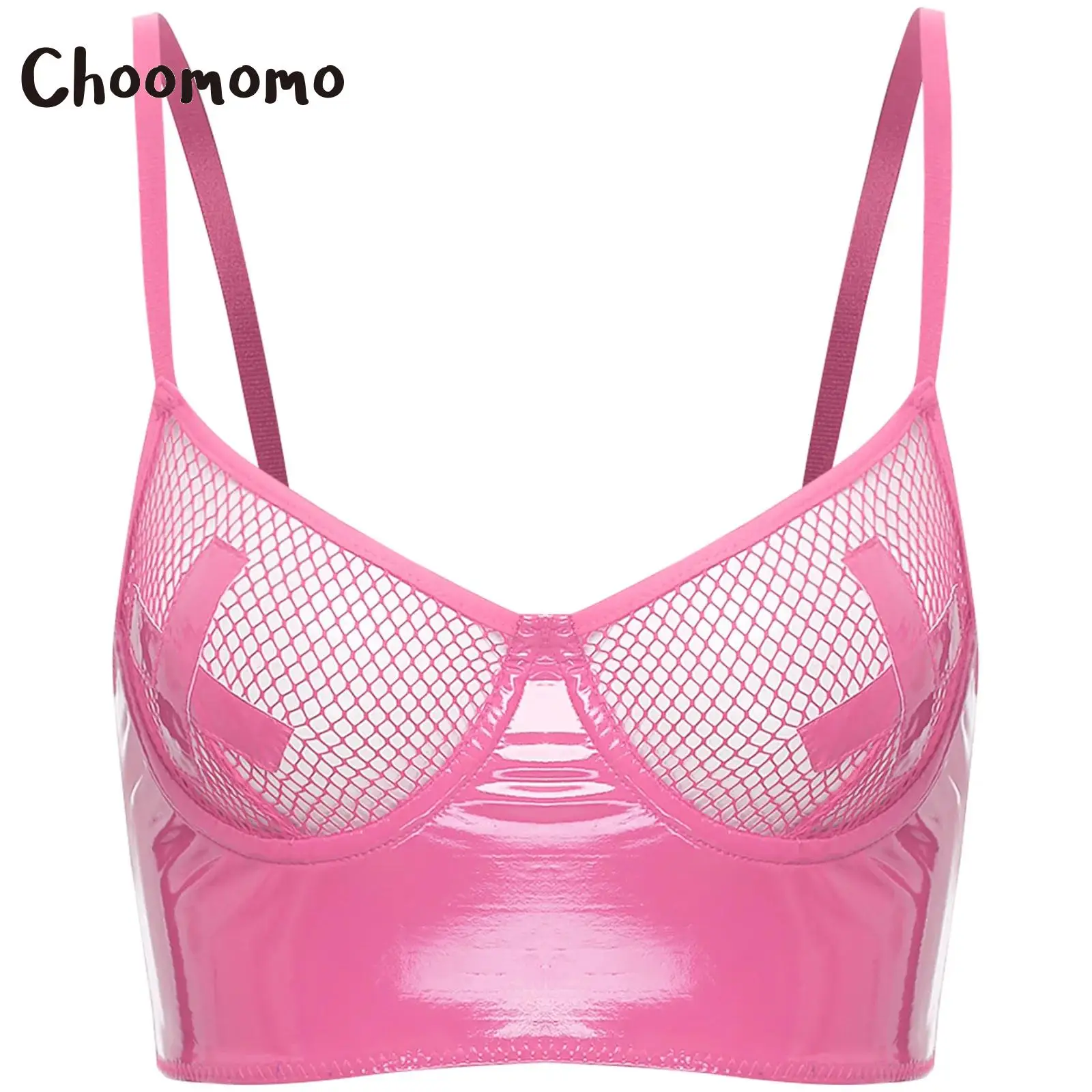 

Womens See Through Mesh Leather Patchwork Zipper Back Crop Top Camisole Underwired Bralette Balconette Sexy Bustier Clubwear