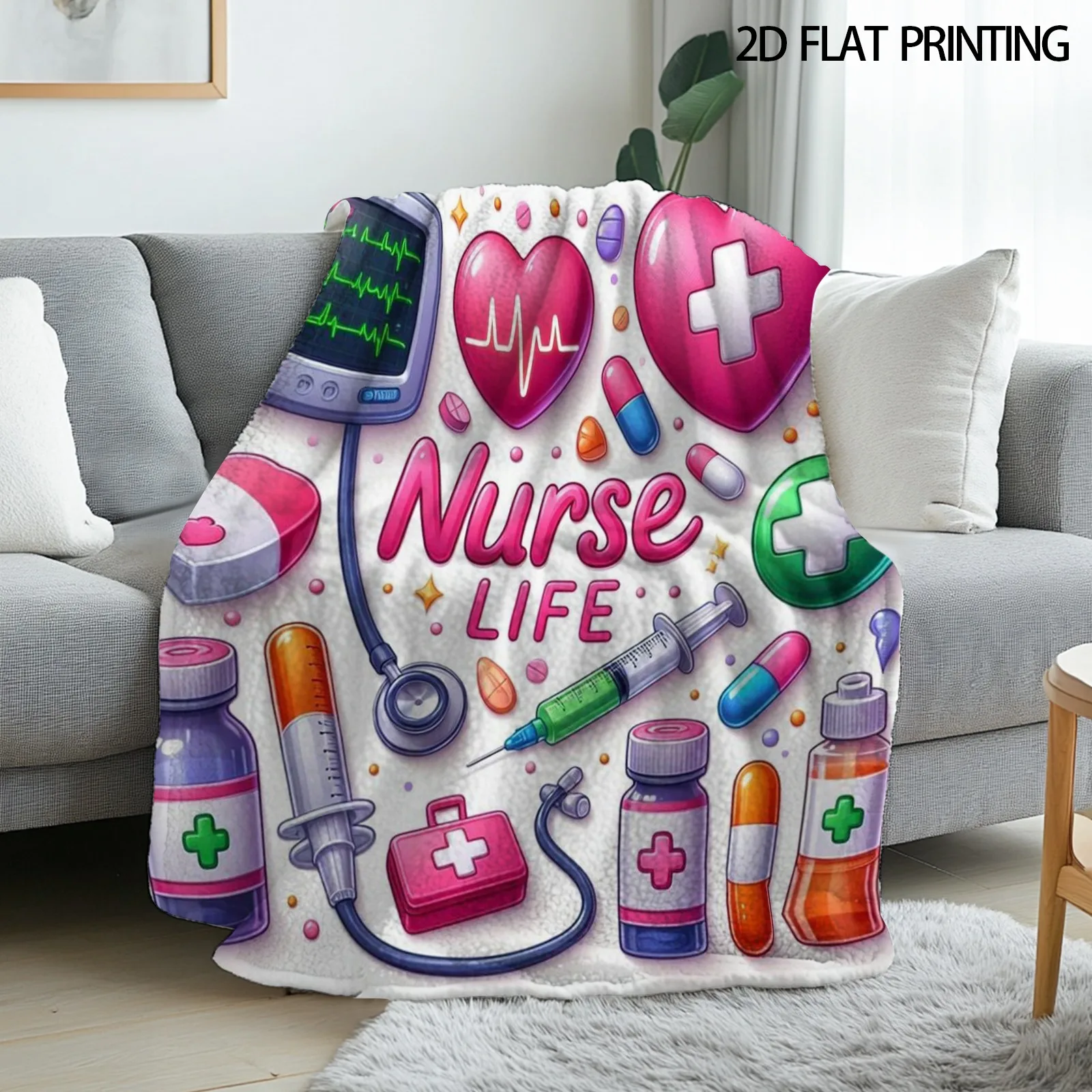 1pc Nurse‑Life‑Medical‑Heart‑Print Throw Blanket, Decor for Home & Outdoor Camping, Warm Birthday & Valentine's‑Day Gift