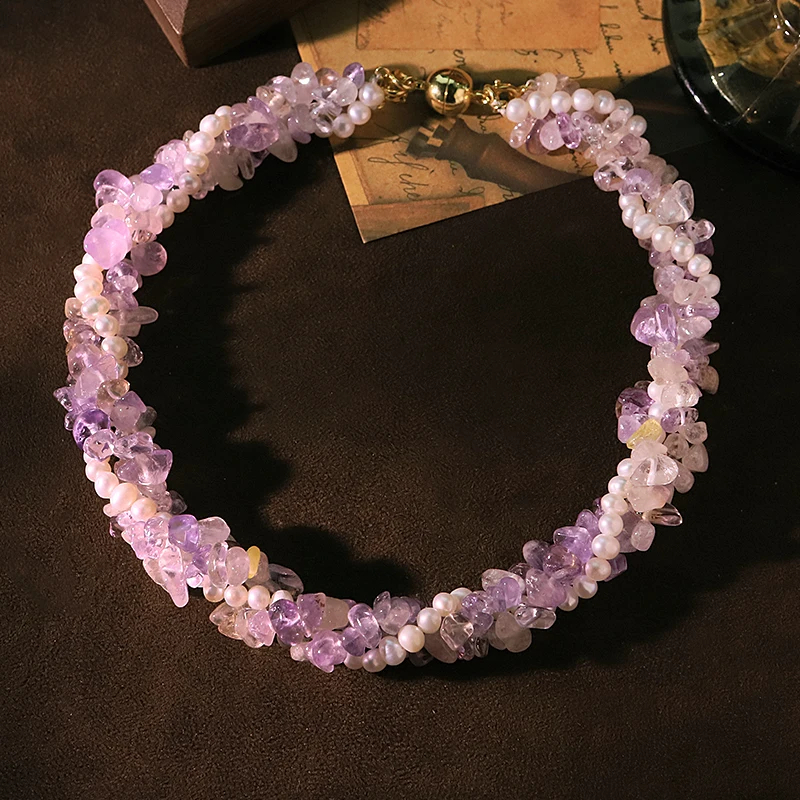 

Three-layer White Amethyst Natural Pearl Necklace Luxurious Design High-quality Necklace Banquet Wedding Women's Jewelry GN0852