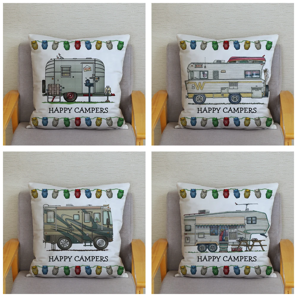 Funda de almohada con estampado de búho, cubierta suave de felpa corta para cojín de sofá, decoración del hogar, campistas felices, 45x45cm