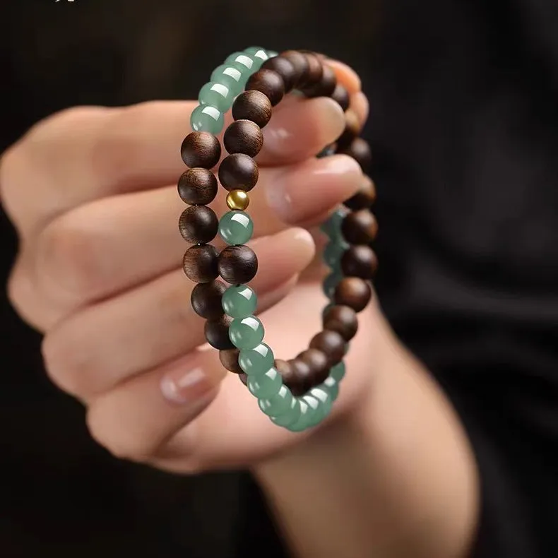 Chinese Style Natural Agarwood Jade Beaded Double Layer Bracelet Lucky Blessing Wealth Attracting Spiritual Wrist Jewelry For