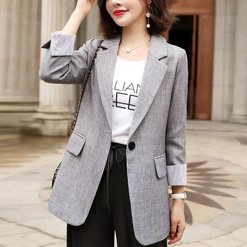 Spring Autumn Women Tailored Coat Notched Single Breasted Slim Suit Jackets Female Solid Color Blazer Korean Style Outerwear